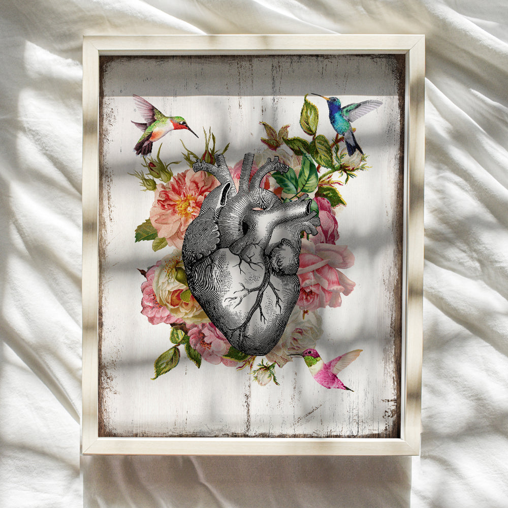 Heart Hummingbird Rose Wall Decor - 8x10 Rustic Farmhouse Shabby Chic Human Anatomy Art Decoration for Bedroom, Living Room, Medical Doctor Office - Gift for Cardiologist, Nurse, RN - UNFRAMED Print