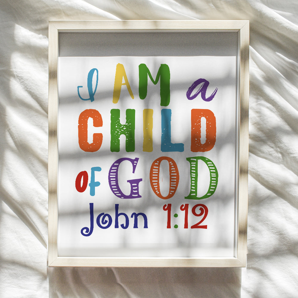 Childrens Bible Verse Wall Art, Religious Wall Decor - Child of God, John 1:12 - Scripture Wall Decor for Kids Bedroom, Girls, Boys Room - Christian Gifts - Unframed 8x10 Inspirational Poster Print