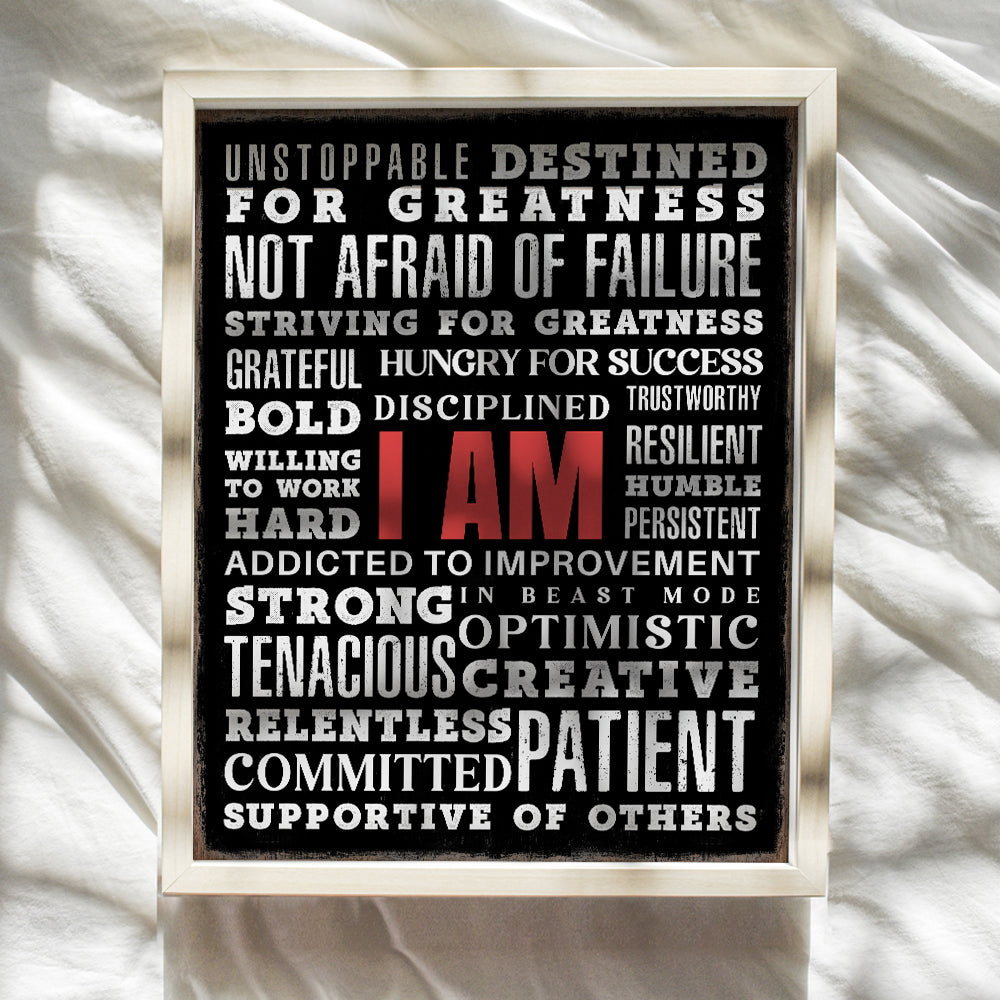 I Am Motivational Wall Art - positive Affirmations Man cave Wall Decor - Inspirational Quotes Wall Decor for Men - Home Office Encouraging Gifts - Workplace Success Wall Art - Inspiring Wall Art