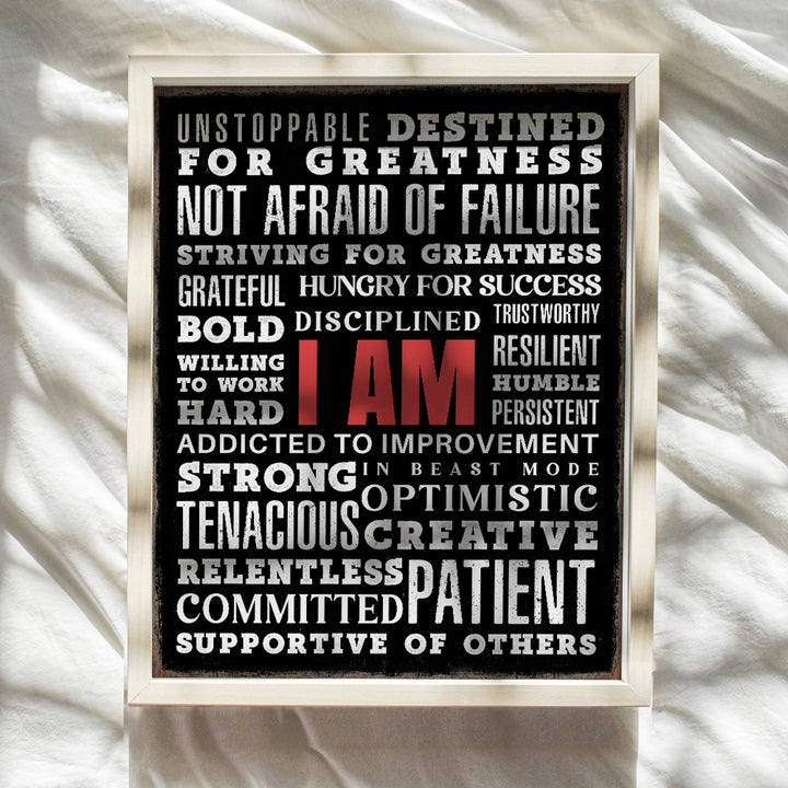 I Am Motivational Wall Art - positive Affirmations Man cave Wall Decor - Inspirational Quotes Wall Decor for Men - Home Office Encouraging Gifts - Workplace Success Wall Art - Inspiring Wall Art