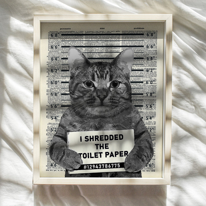 Guilty Cat Wall Decor - Cat Wall Art - Dictionary Art - 8x10 Humorous Poster, Mugshot Wall Art or Home Decoration for Bathroom, Bath - Funny Gag Gift for Cat Lovers - Upcycled Picture Photo Print