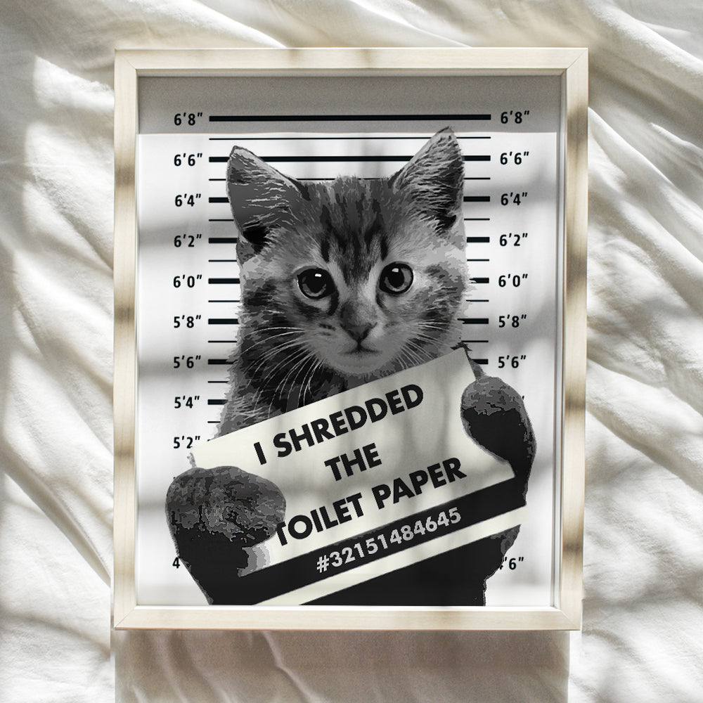 Funny Cat Bathroom Wall Art Decor - 8x10 Humorous Mugshot Home Decoration Poster for Restroom, Guest Bath, Powder Room - Gag Gift for Cat Lovers - Cute Picture Photo Print