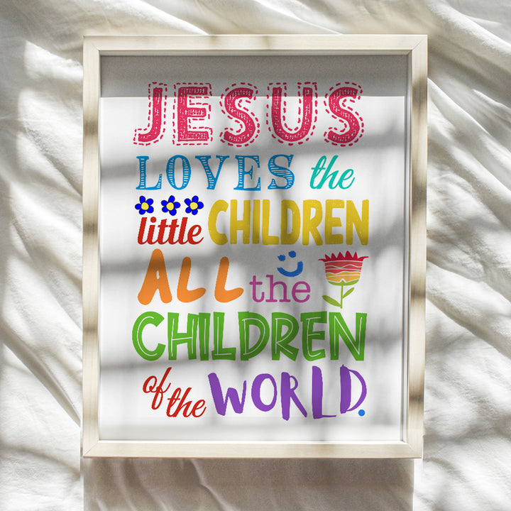 Girls, Boys, Kids Bedroom Decor - Religious Christian Wall Art, Room Decoration - Cute Baby Shower Gift - Jesus Loves the Little Children Bible Verse Wall Art Print - 8x10 Poster Picture