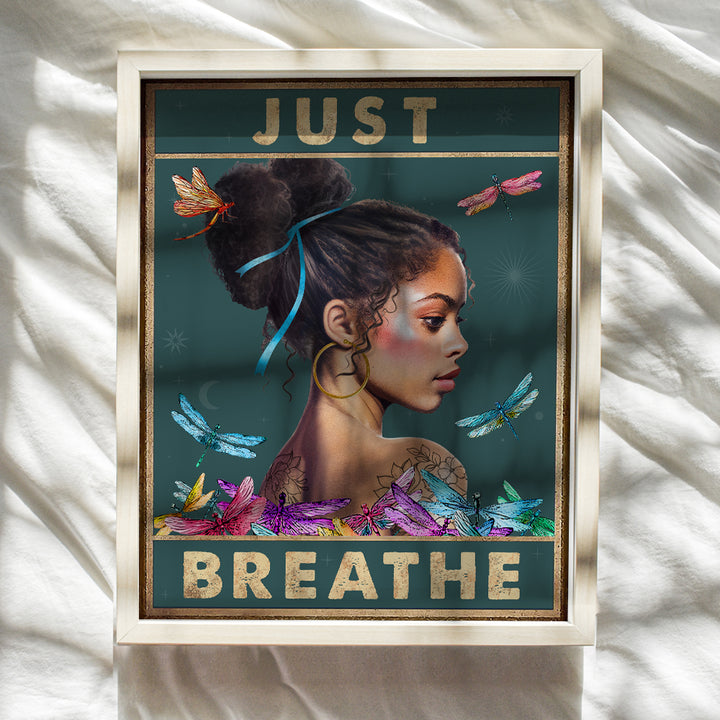 Just Breathe Wall Art for Women - positive Affirmations and Inspirational Quotes African American Wall Decor - Personal Growth Bedroom Decor for Women, Woman, Black Girl, Teen - Motivational Sayings