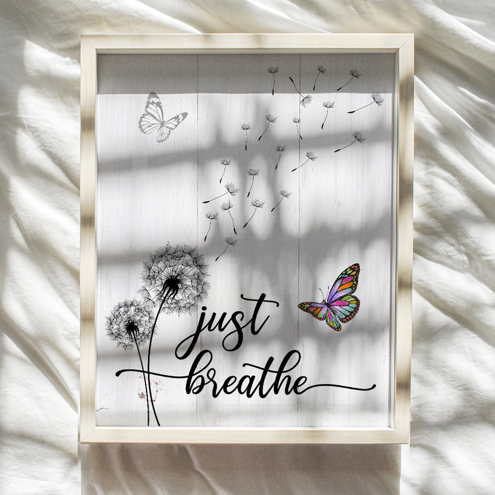 Inspiration Just Breathe Wall Art - Rustic Shabby chic Country Farmhouse Wall Art - Motivation positive Quotes Wall Decor - Meditation Zen Wall Decor for Woman - Bedroom Living room Home Office 8x10