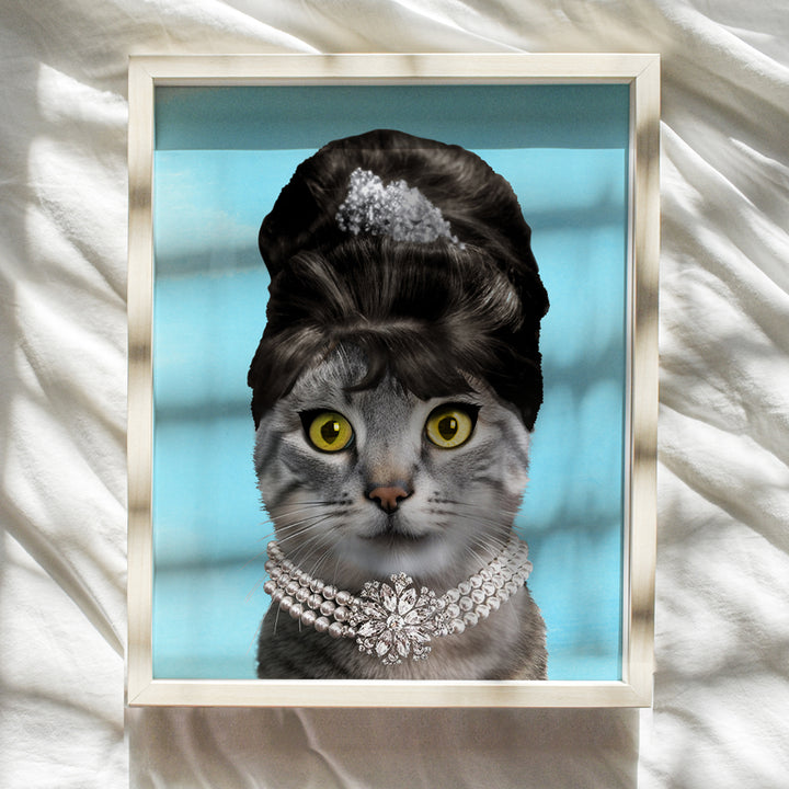 Audrey Hepburn Wall Art - Cat Lover Gifts for Women, Girls - Cat Wall Art - Cute Cat Wall Decor - Cat Poster 8x10 - Classic Movies - Kitty Cat Decorations - Cat Home Decor - Blue - Unframed