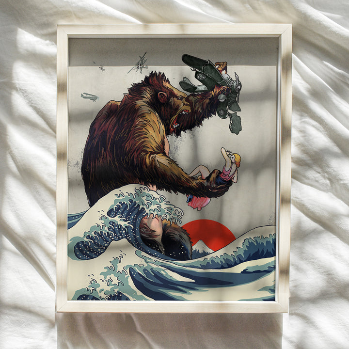 King Kong Poster - Great Wave Off Kanagawa - Gift for Vintage Hollywood Horror Movie Fans - Monster Movie Wall Decor, Art Print - Boys Room, Teen Room Decor - 8x10 UNFRAMED Picture Print