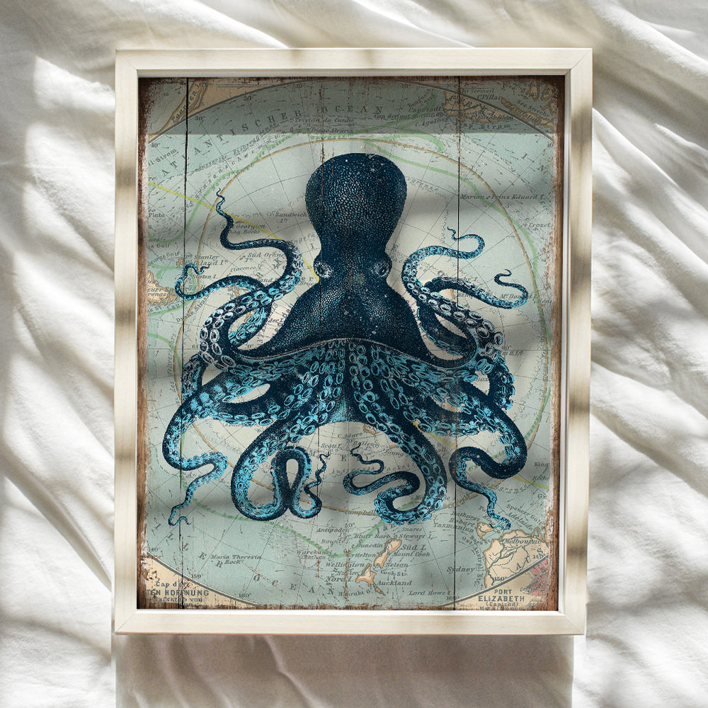 Retro Style Nautical Home, Office, Apartment or Wall Decor Picture - Vintage Octopus Photo Print is Great Gift or Decoration for Bathroom, Beach or Ocean House - 8x10 Art Poster