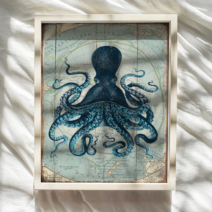 Retro Style Nautical Home, Office, Apartment or Wall Decor Picture - Vintage Octopus Photo Print is Great Gift or Decoration for Bathroom, Beach or Ocean House - 8x10 Art Poster