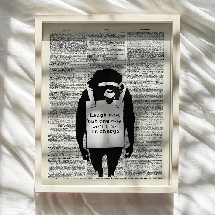 Banksy Graffiti Dictionary Art - Laugh Now Monkey Chimp Poster - 8x10 Street Mural, Urban Wall Decor, Dorm or Home Decoration - Cool Affordable Gift - Unframed Picture Photo Poster