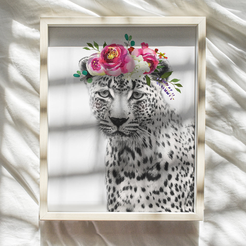 Leopard Print - Cheetah w/Flowers - Jungle Animal Floral Watercolor Wall Art Poster - Home Decor for Women, Girls, Teens or Kids, Room, Bedroom, Nursery - Cute Unique Baby Shower Gift - 8x10