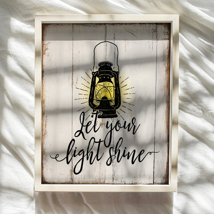 Let your Light Shine Wall Art - 8x10 Rustic Home Decor, Shabby Chic Boho Decoration for Lake House, Country Cabin, Bathroom, Bedroom, Living Room - Motivational Inspirational Gift - UNFRAMED Print