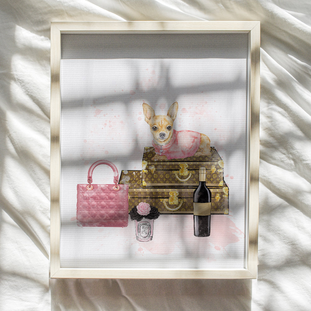 Glam High Fashion design Wall Decor - Cute Chihuahua Couture Designer Handbag Art decoration for Womens Bathroom Girls Room, Teens Bedroom, Fashionista - Luxury Fashion Gift - Pink