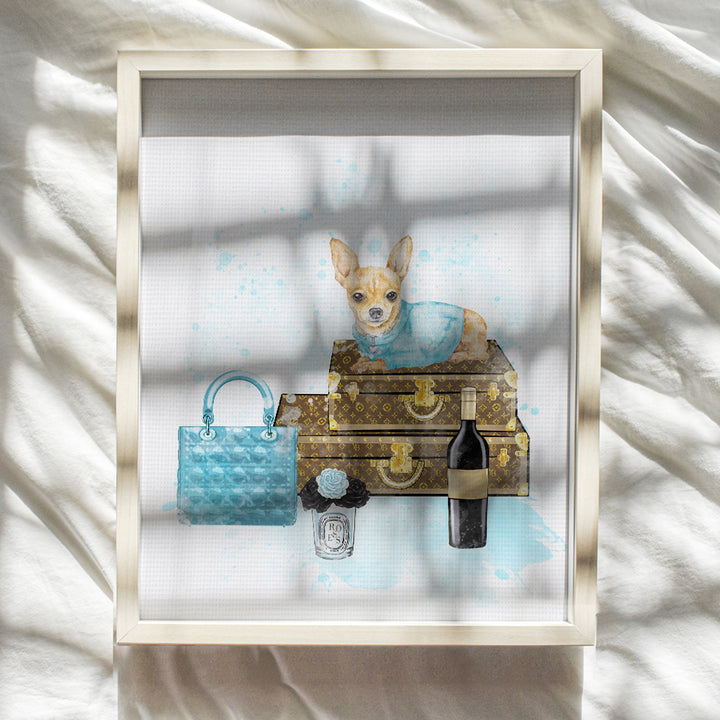 Luxury Glamour Haute couture Wall Art & Decor - High Fashion Design Dog Lover Gift - Blue Designer Handbag Wall Art decoration Home Decor - Woman Bedroom Bathroom Teen Girl Room - Bling Chihuahua