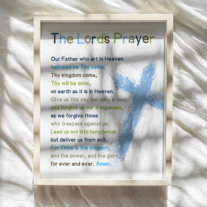 Lords Prayer Bible Verse Wall Art - Religious Scripture Boys Room Decor - Christian Gifts for Toddler or Baby Boys Bedroom, Son - Blessed Church Sunday School Kids Decorations - Cross Picture Poster