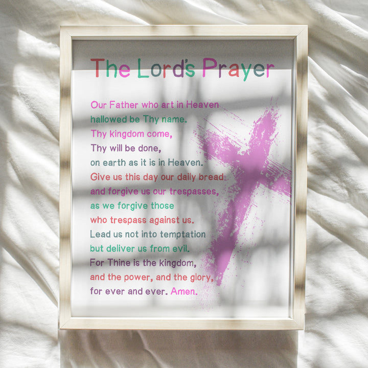 Lords Prayer Bible Verse Wall Art - Religious Scripture Girls Bedroom Decor - Christian Daughter Gifts for Toddler, Baby Girls Room - Blessed Church Sunday School Kids Decorations - Pink Cross Poster