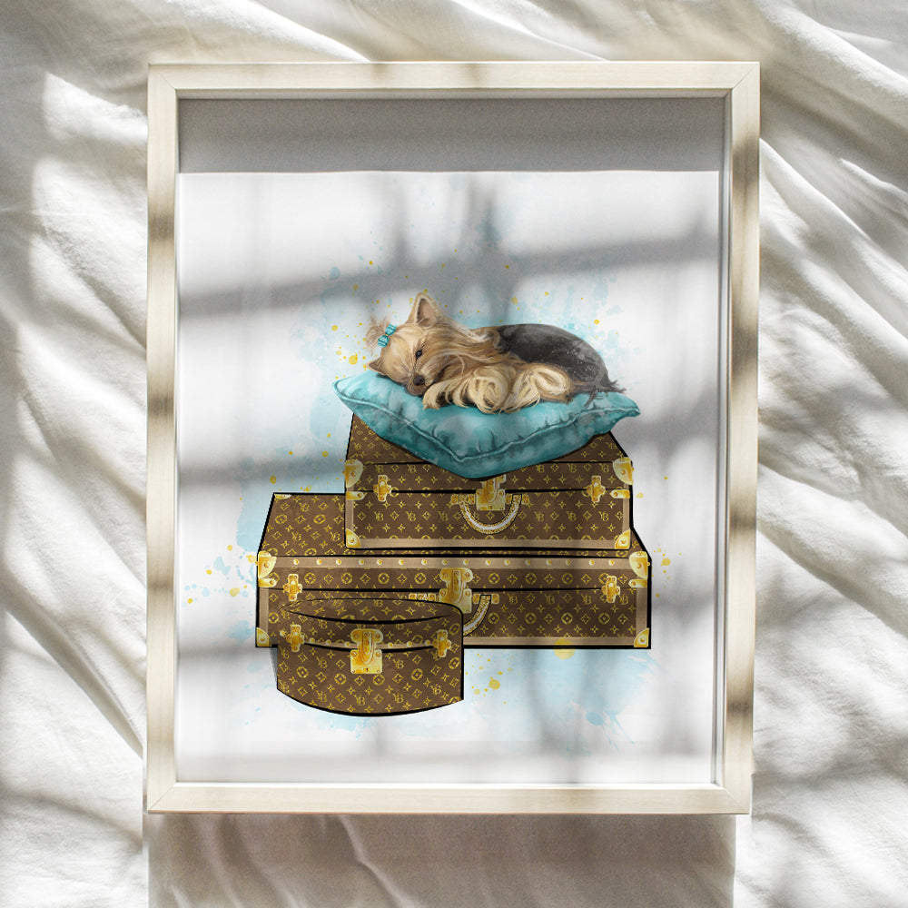 Poster of Yorkie, Yorkshire Terrier High Fashion Design Wall Art - Glam Decor for Women, Girls Room, Teens Bedroom - Designer Luggage - Blue Gift for Dog Lovers - Luxury Haute couture Home Decor 8x10