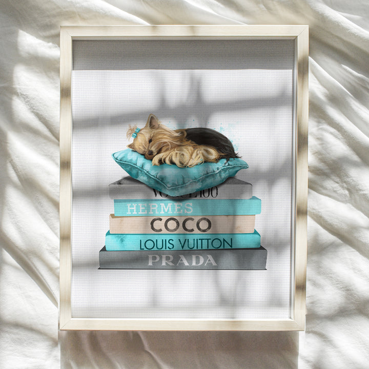 Yorkshire Terrier, Yorkie Glam Decor for Women, Girls Room, Teens Bedroom - High Fashion Design Wall Art - Light Blue Room Decoration - Luxury Designer Wall Decor - Cute Gift for Dog Lovers