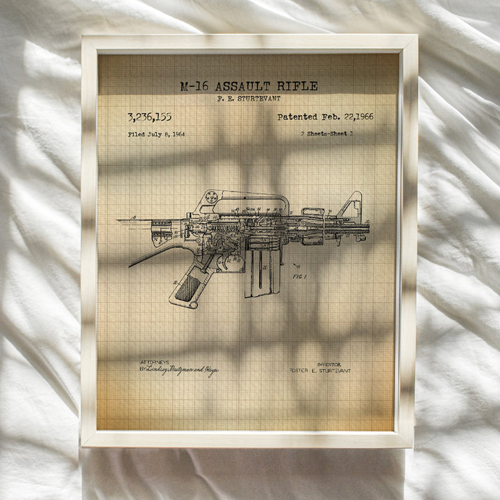 M-16 Assault Rifle Patent Print - Unique Gift or Wall Art for Gun, Firearm, 2nd Amendment Enthusiasts, Army Marines Military Veterans - Home Decor for Man Cave, Living Room - 8x10 UNFRAMED Poster