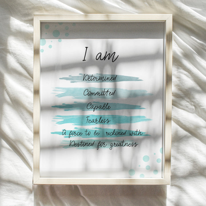 Affirmations Wall Art - I Am Positive Affirmations Wall Decor - Self-help Wall Art - Encouragement Gifts for Women - Inspirational Wall Art - Blue Home Office Wall Decor - Motivational poster Unframed