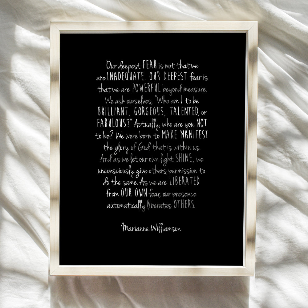 Marianne Williamson Deepest Fear Quote Wall Art Print - Perfect Home Decor for Office, Bedroom, Bathroom, Dorm - Inspirational, Motivational, Spiritual Gift for Women - Unframed 8X10 Photo