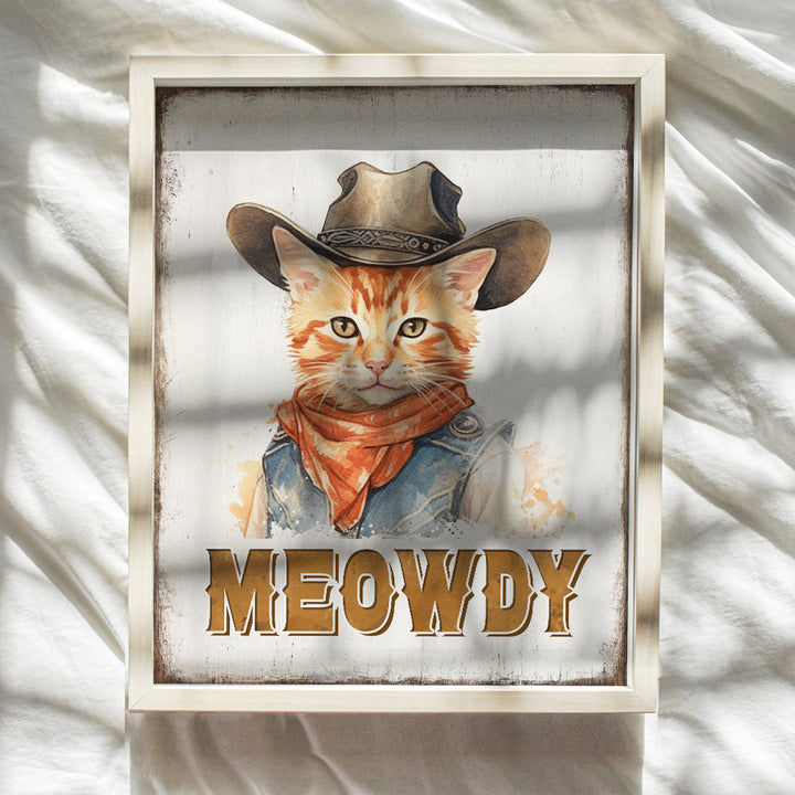 Cute Cat Wall Decor - Meowdy Western Wall Decor - Rustic Country Decor - Funny Cat Themed Wall Art Poster - Boho Farmhouse Home Decor - Cowgirl Cat Stuff - Little Girls Bedroom Decor Sign - Cat Gifts