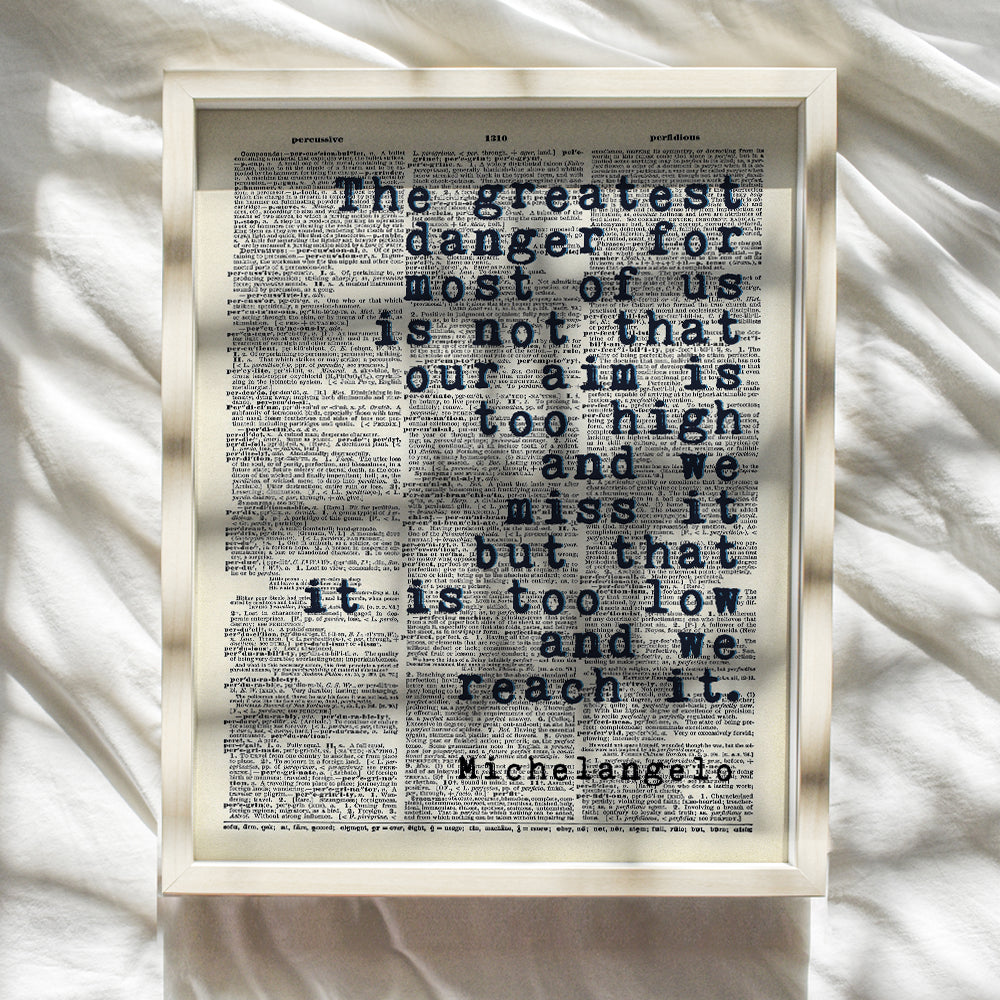 Inspirational Michelangelo Quote, Upcycled Dictionary Wall Art Decor Print - 8x10 Motivational Home Decoration Poster for Bedroom, Office - Gift for History Fans, Entrepreneurs