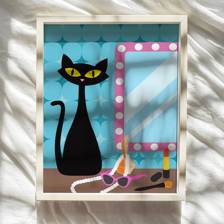 Mid Century Cat Wall Decor - Cute Cat Gifts for Women, Woman, Cat Mom, Girl - Cat Stuff Blue Bathroom Decor - Minimalist Cat Wall Art - Modern Bathroom Wall Decor for Women - Black cat Lover Gifts