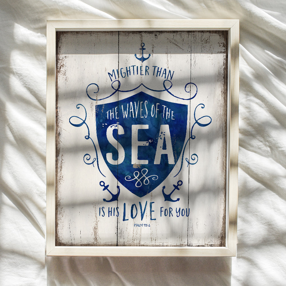 Mightier Than the Waves Religious Scripture Wall Decor - Nautical Beach House, Ocean Home Decoration - Bible Verse Wall Art - Gift for Christians-8x10 Poster for Bathroom, Bedroom, Kitchen - Blue