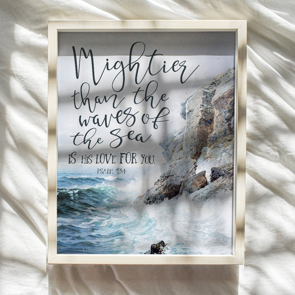 Mightier Than The Waves Is His Love For You - Bible Verse Wall Art - Nautical Beach House, Ocean Home Decoration - Religious Scripture Wall Decor - Christian Gifts - Psalms - Blue Bathroom Decor