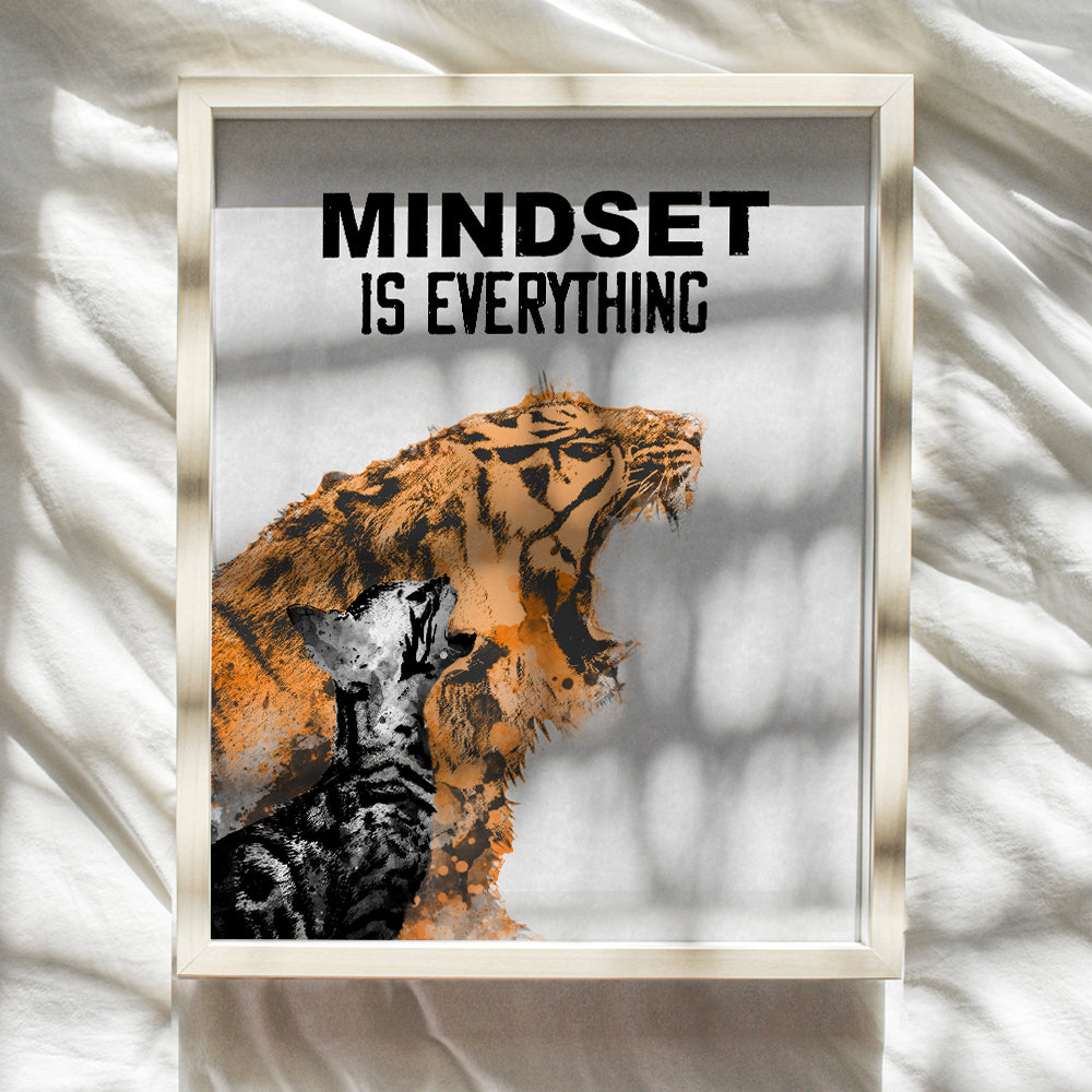 Motivational Wall Art Poster - Home, Office Decor - Gift for Entrepreneur, Student, Men, Teens - Positive Uplifting Inspirational Self-Improvement Quote w/Tiger, Cat, Kitten - Mindset is Everything