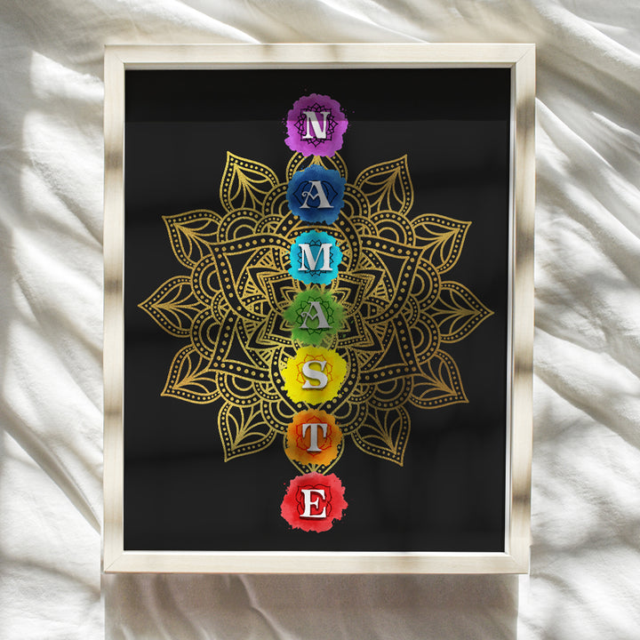 Chakras Namaste Lotus Flower Mandala Wall Decor - Zen Buddhism Art for Spa Room Decor, Bedroom, Bathroom - Meditation Gifts for New Age Women, Buddhist - Gold Black Yoga Poster Print