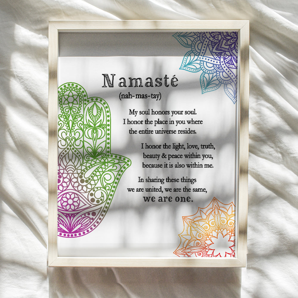 Zen Decor, Namaste Wall Decor, Buddha Wall Art - 8x10 Poster Print for Yoga Meditation Room, Spa Decoration - Spiritual Buddhist Gift With Hamsa Hand of Fatima, Mandala, Lotus