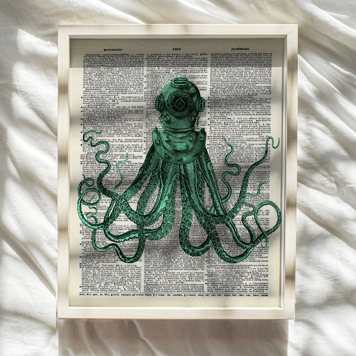 Octopus in Dive Helmet - Unframed Dictionary Wall Art Print - Steampunk - Great For Home Decor and Easy Gift Giving - Ready to Frame (8X10) Vintage Photo