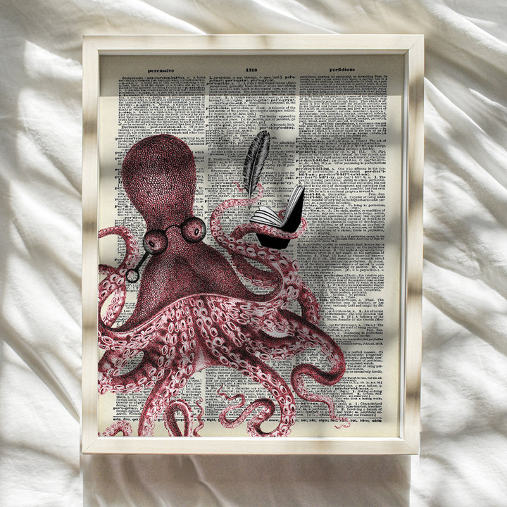 Cute Octopus Wall Decor - Beach Bathroom Decor Wall Art - Upcycled Dictionary Art - Chic Unique Gift for Writers, Authors, Blogging Fans, Book Lovers - Funny Picture Print Poster - Nautical Wall Art