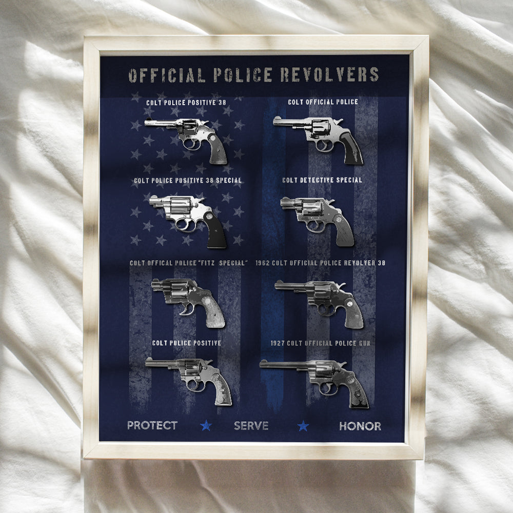 Police Handgun Poster - 8x10 Thin Blue Line, Protect Serve Honor Wall Decor Art Print for Precinct, Office - Gift for Law Enforcement, Detective, First Responder, Peace Officer, Policeman - Unframed