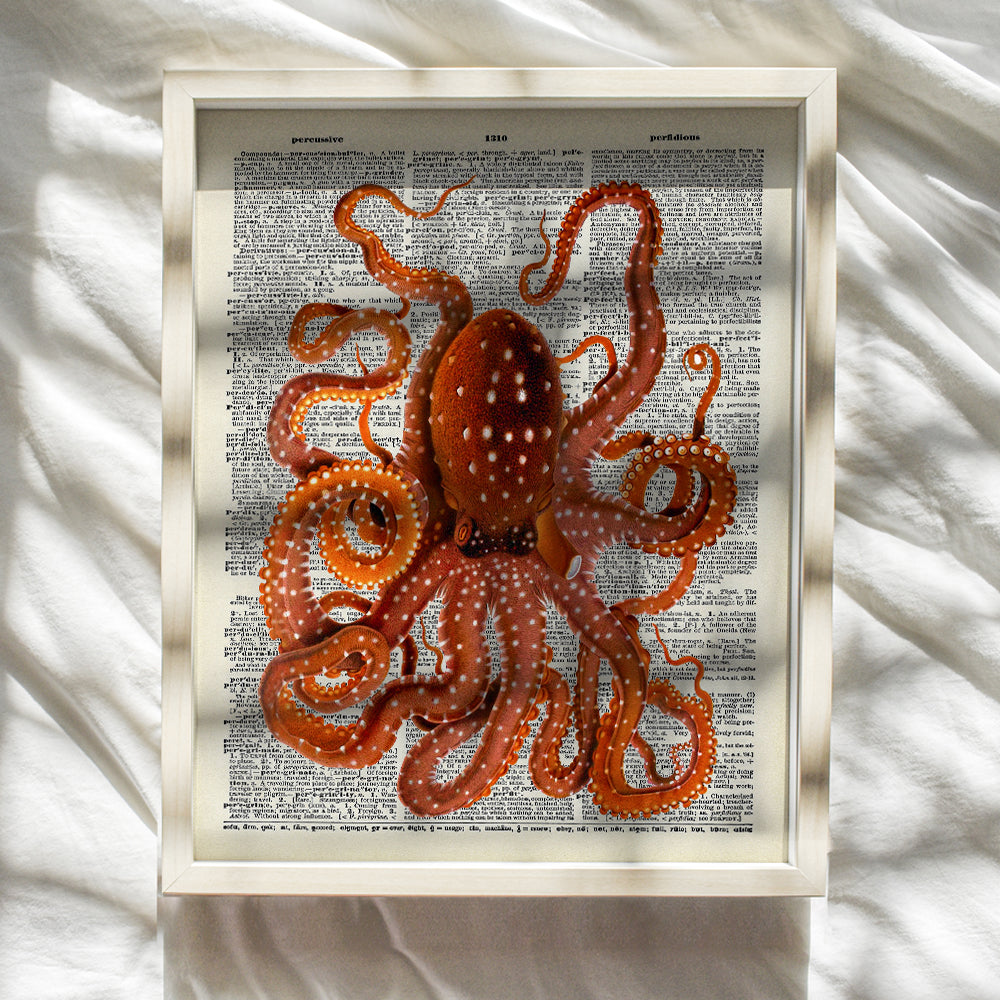 Orange Octopus Unframed Dictionary Wall Art Print - Perfect For Beach House Home Decor and Easy Gift Giving - Ready to Frame (8x10) Photo