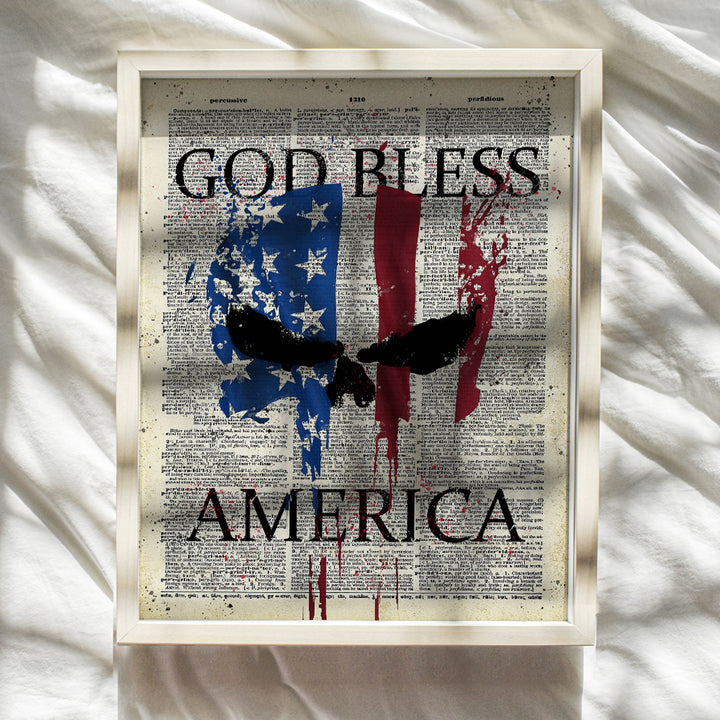 Patriotic American Flag Punisher Dictionary Art Print - Vintage Upcycled God Bless America Wall Art Poster- Great Home or Office Decor - Gift for Military Veterans, Vets, 4th of July - 8x10