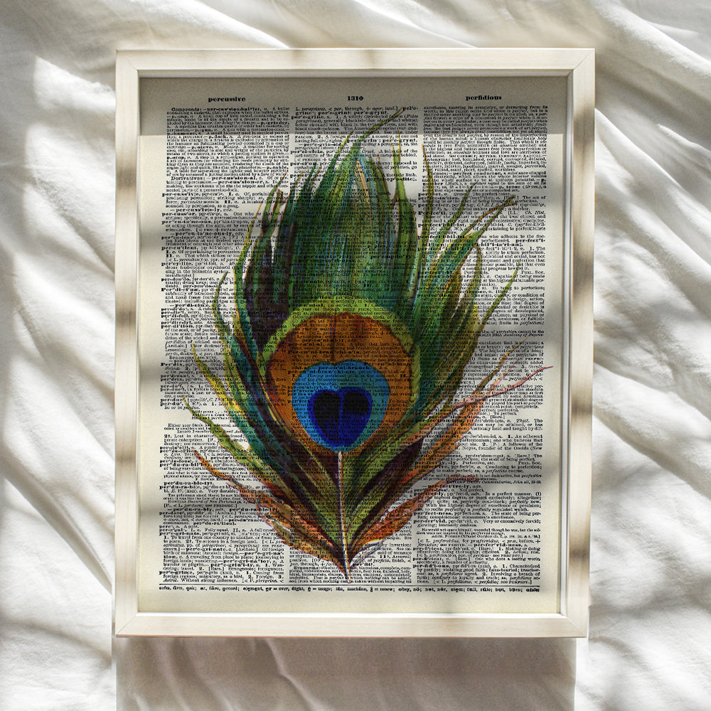 Upcycled Dictionary Wall Art Print - Vintage 8x10 Unframed Photo - Makes a Great Gift - Chic Home Decor - Peacock Feather