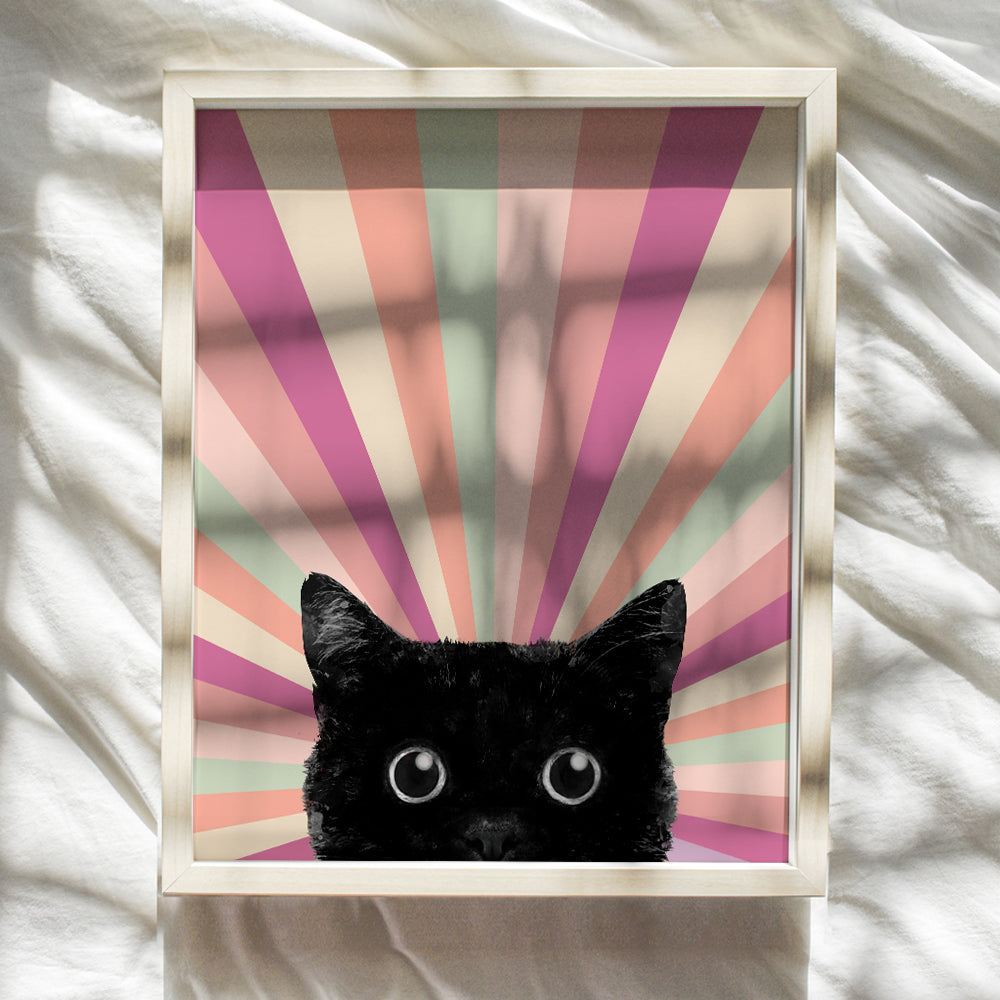 Mid Century Cat Boho Decor - Cute Cat Wall Decor - Pink Boho Wall Art Minimalist Room Decor - Vintage Retro Black cat Stuff, Cat Mom, Cat Lover Cat Themed Gifts for Women - Boho-chic Decor Cat Poster