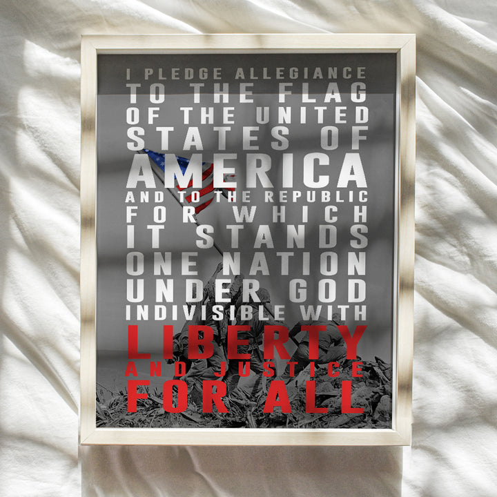 Pledge of Allegiance Patriotic Decor - 8x10 American Pride Wall Art Poster, Home, School, Office or Classroom Decoration - Unique Gift for Military Veterans, Vets, Teachers - Iwo Jima Flag Photo Print