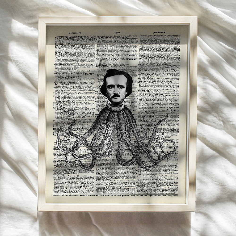 Edgar Allan Poe Octopus Wall Art - Goth Gothic Home Decor, Decoration for Bedroom, Living Room, Bathroom - Funny Gift for Steampunk Fans, Men, Teens - 8x10 UNFRAMED Poster Print