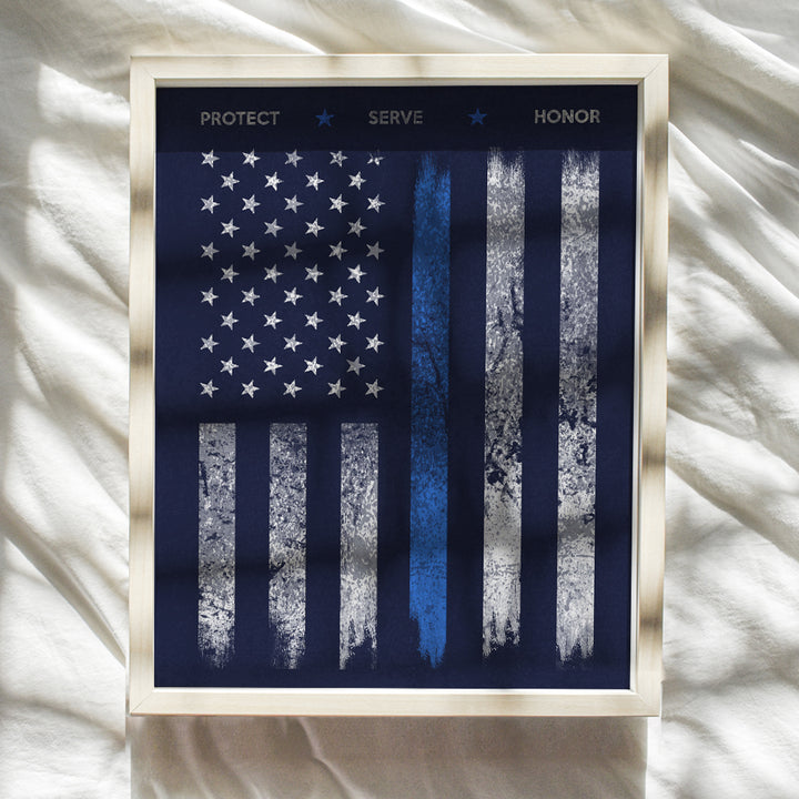 Police Flag Art Print - Rustic Wall Art Poster - Chic Home Decor for Office, Man Cave, Station, Gift for Police Officer, First Responder - 8x10 Photo Unframed