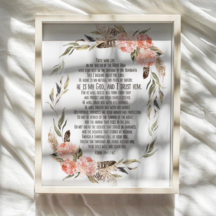 Boho Psalm 91 Wall Art - He Will Cover You With His Feathers Wall Art - Catholic Religious Christian Gifts for Women - Holy Scriptures Wall Decor - Church Decorations - Blessed Faith Wall Decor