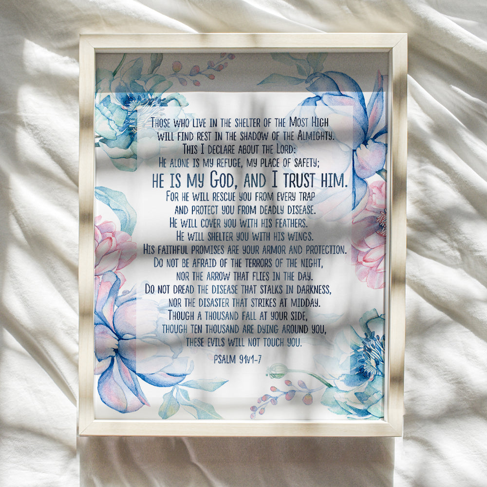 Psalm 91 - Scripture Wall Art - Psalms Bible Verse Wall Art - Church Decorations - God Wall Decor - Catholic Wall Decor - Christian Gifts for Women - Floral Religious Wall Decor