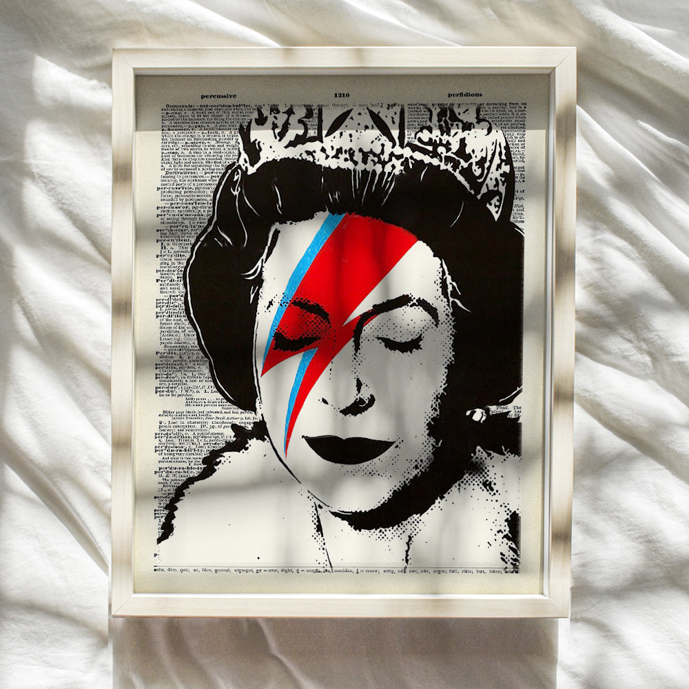 Banksy Queen Elizabeth Wall Art Poster - 8x10 Graffiti Art Print - Dictionary Art - Unique Gift for Urban Street Art Fans - Cool Room Decor for David Bowie Ziggy Stardust, British Royalty Fans