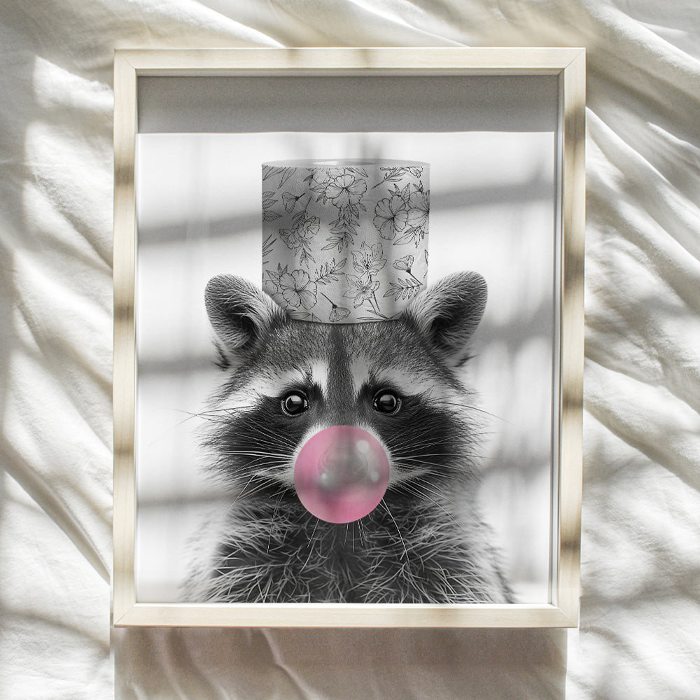 Cute Raccoon Bathroom Wall Decor - Kids Bathroom Decor - Toddler Girl, Boys small Bathroom Wall Art Pictures - Baby Nursery funny Home Decor- Pink Restroom Signs - Black Gray Grey Bathroom Accessories