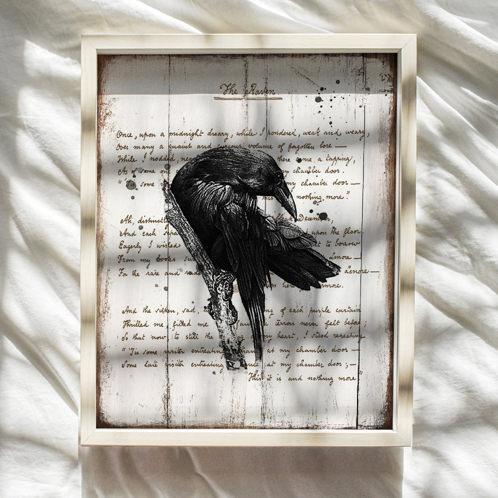 Edgar Allan Poe, The Raven - 8x10 Sign Photo - Shabby Chic Wall Art, Home Decor - Vintage Rustic Decoration Poster Print for Living Room, Bedroom - Gift for Goth Poem, Poetry Fans