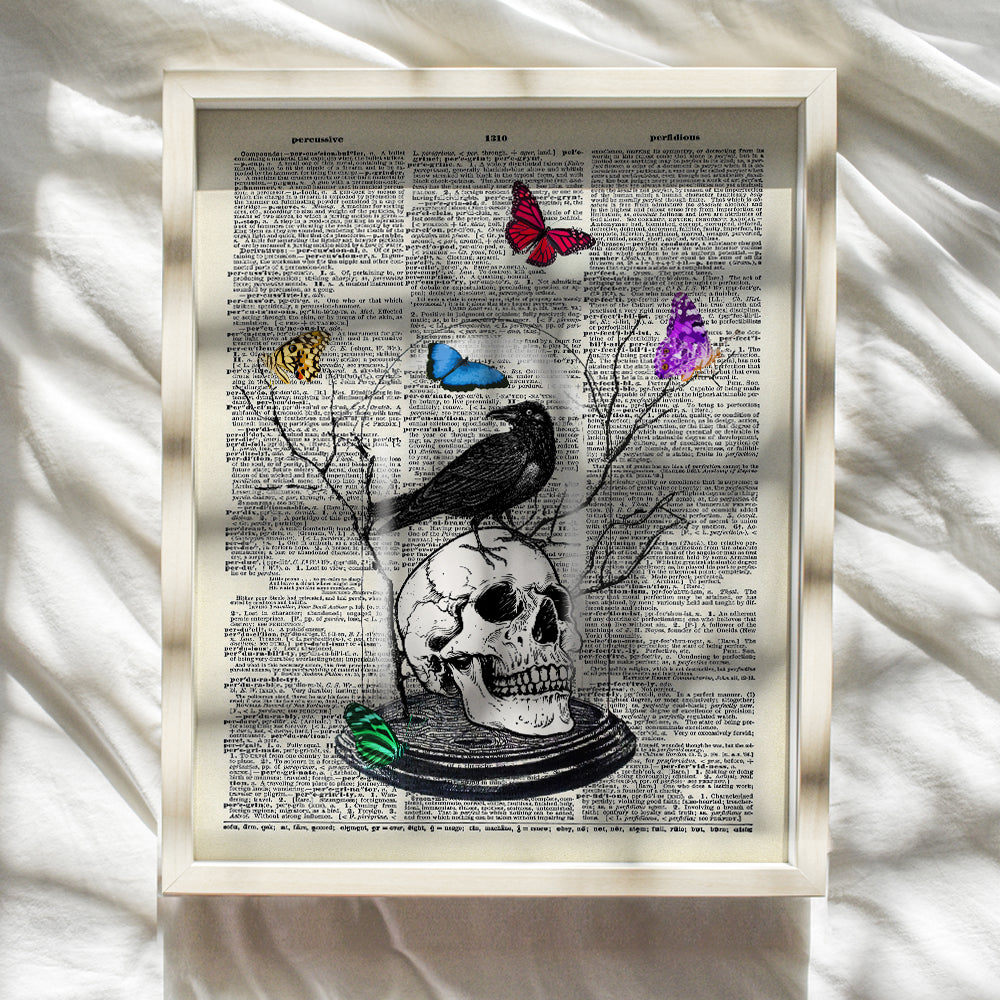 Gothic Skull Wall Art Home Decor - Edgar Allan Poe The Raven Decor with Butterflies - Gift for Goth, Wicca, Wiccan, Witchcraft, Occult Fan - Creepy Medieval Picture Print for Bedroom, Living Room