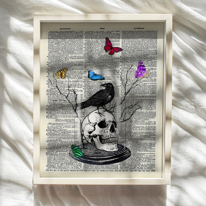 Gothic Skull Wall Art Home Decor - Edgar Allan Poe The Raven Decor with Butterflies - Gift for Goth, Wicca, Wiccan, Witchcraft, Occult Fan - Creepy Medieval Picture Print for Bedroom, Living Room